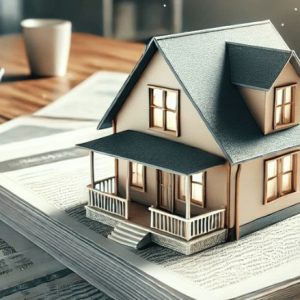 uma mesa com documentos e uma maquete de uma casa