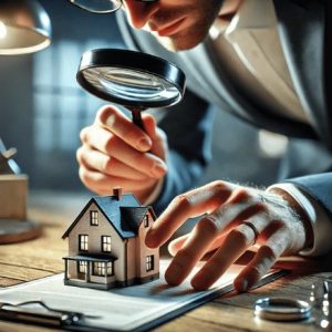 uma pessoa com uma lupa olhando uma miniatura de uma casa