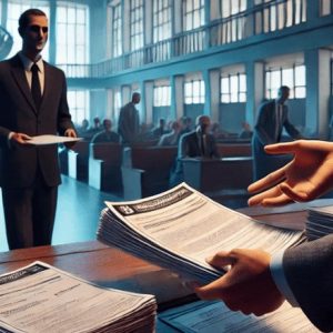 uma pessoa entregando um projeto arquitetônico na prefeitura