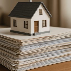 uma maquete de uma casa em cima de uma pilha de documentos em cima da mesa