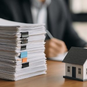 uma pilha de documentos ao lado de uma maquete de casa sobre uma mesa