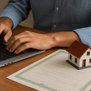 Pessoa digitando em um notebook, com uma certidão e uma maquete de casa sobre a mesa, em ambiente iluminado e organizado.