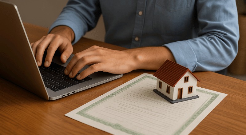 Pessoa digitando em um notebook, com uma certidão e uma maquete de casa sobre a mesa, em ambiente iluminado e organizado.