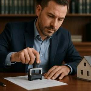 Funcionário de cartório carimba um documento sobre a mesa, ao lado de uma maquete de casa, em ambiente formal e bem iluminado.