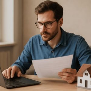 Homem concentrado trabalha em seu laptop enquanto analisa um documento; ao lado, uma maquete de casa sobre a mesa sugere envolvimento com questões imobiliárias.