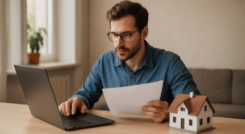Homem concentrado trabalha em seu laptop enquanto analisa um documento; ao lado, uma maquete de casa sobre a mesa sugere envolvimento com questões imobiliárias.