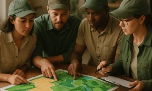 Quatro técnicos ambientais analisam atentamente um mapa estilizado de uma propriedade rural sobre uma mesa, destacando áreas de preservação em verde e zonas agrícolas em amarelo