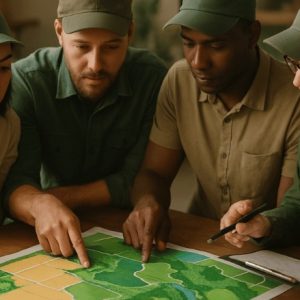 Quatro técnicos ambientais analisam atentamente um mapa estilizado de uma propriedade rural sobre uma mesa, destacando áreas de preservação em verde e zonas agrícolas em amarelo
