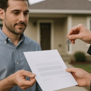 Pessoa entregando uma escritura de casa e uma chave para outra, com uma residência ao fundo; a cena transmite formalidade e transição de posse em um contexto realista e institucional.