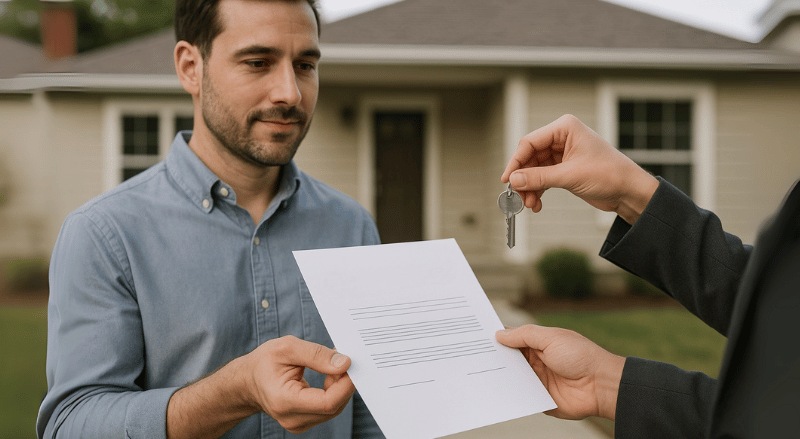 Pessoa entregando uma escritura de casa e uma chave para outra, com uma residência ao fundo; a cena transmite formalidade e transição de posse em um contexto realista e institucional.