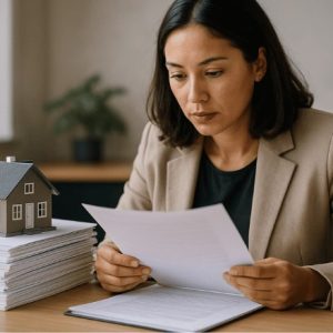 Uma profissional analisa atentamente um documento em sua mesa, ao lado de uma pilha de papéis que sustenta uma maquete de casa, em um ambiente de escritório iluminado suavemente