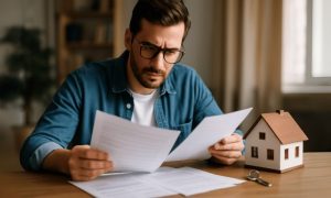 Homem analisando documentos sobre uma mesa, ao lado de uma maquete de imóvel e uma chave de casa, em ambiente iluminado e realista