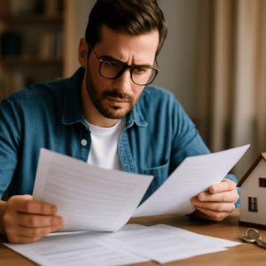 Homem analisando documentos sobre uma mesa, ao lado de uma maquete de imóvel e uma chave de casa, em ambiente iluminado e realista