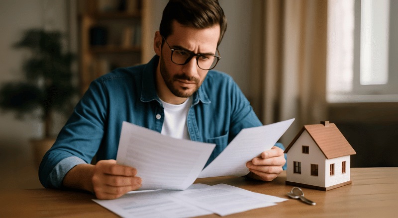 Homem analisando documentos sobre uma mesa, ao lado de uma maquete de imóvel e uma chave de casa, em ambiente iluminado e realista