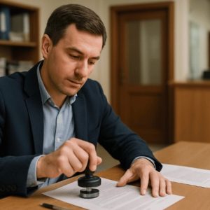Um funcionário do cartório carimba um documento sobre a mesa, em ambiente formal e organizado