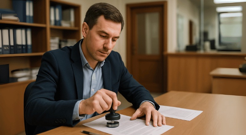 Um funcionário do cartório carimba um documento sobre a mesa, em ambiente formal e organizado