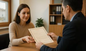 Uma pessoa recebe uma certidão em um cartório, em ambiente profissional e iluminado de forma natural, transmitindo seriedade e confiança