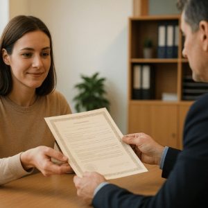 Uma pessoa recebe uma certidão em um cartório, em ambiente profissional e iluminado de forma natural, transmitindo seriedade e confiança