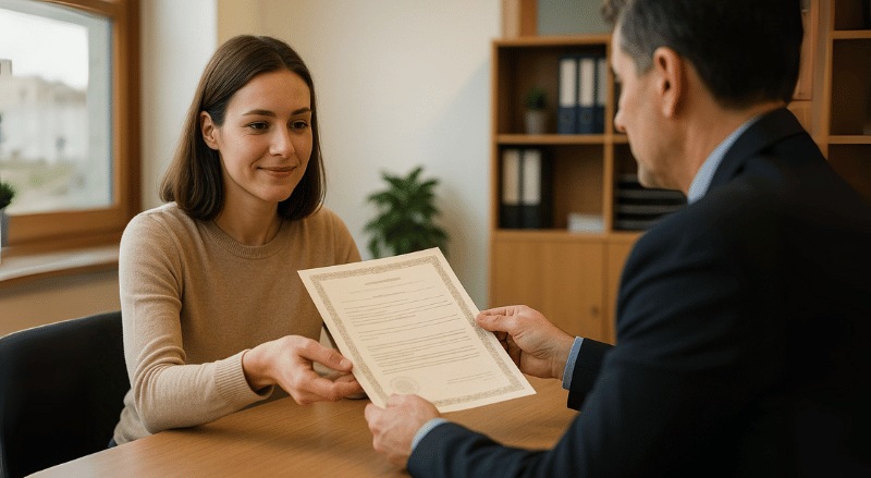 Uma pessoa recebe uma certidão em um cartório, em ambiente profissional e iluminado de forma natural, transmitindo seriedade e confiança
