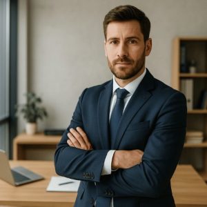 Um homem de terno azul está de braços cruzados em seu escritório, com expressão séria, diante de uma mesa organizada e estante ao fundo
