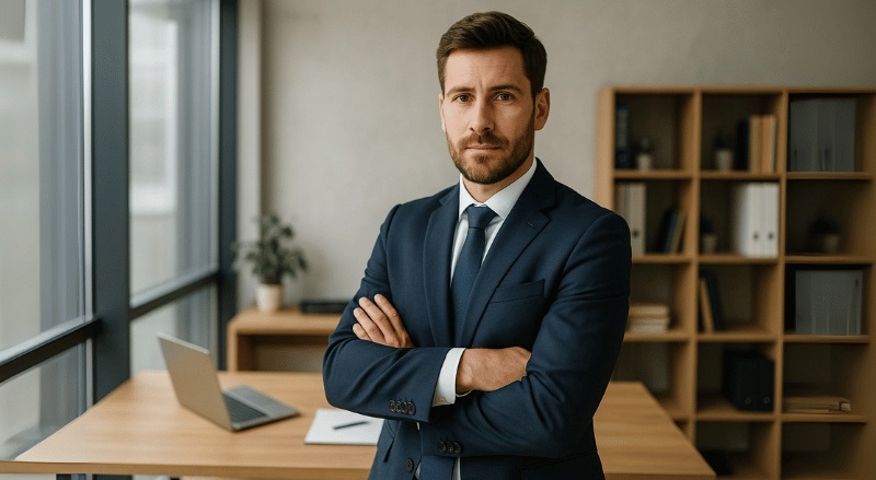 Um homem de terno azul está de braços cruzados em seu escritório, com expressão séria, diante de uma mesa organizada e estante ao fundo