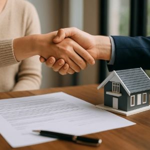 duas pessoas apertando as mãos sobre uma mesa com documentos e uma maquete de casa, em ambiente interno com iluminação natural suave e ângulo lateral