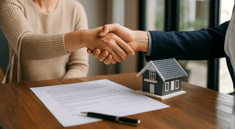 duas pessoas apertando as mãos sobre uma mesa com documentos e uma maquete de casa, em ambiente interno com iluminação natural suave e ângulo lateral