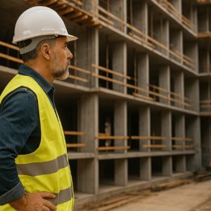 A imagem mostra um chefe de obra usando capacete branco e colete refletivo amarelo, observando atentamente uma construção em andamento com estrutura de concreto e guindaste ao fundo, sob luz natural suave