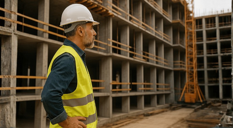 A imagem mostra um chefe de obra usando capacete branco e colete refletivo amarelo, observando atentamente uma construção em andamento com estrutura de concreto e guindaste ao fundo, sob luz natural suave