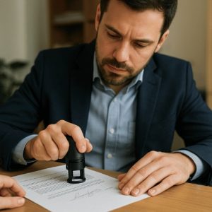 um funcionário de cartório em mesa de trabalho, concentrado ao reconhecer assinatura em um documento com carimbo oficial