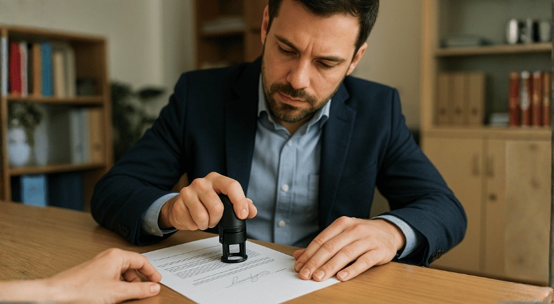um funcionário de cartório em mesa de trabalho, concentrado ao reconhecer assinatura em um documento com carimbo oficial