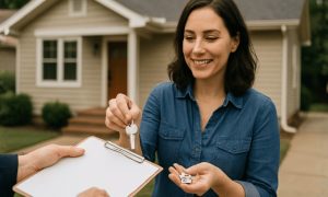 Uma pessoa recebendo um documento e a chave da casa em frente ao imóvel, com iluminação natural suave e expressão de satisfação, em um enquadramento realista e levemente lateral que destaca o momento da entrega