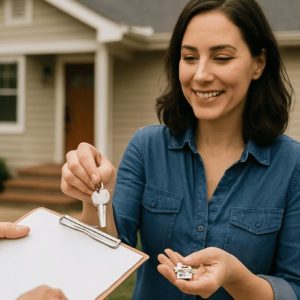 Uma pessoa recebendo um documento e a chave da casa em frente ao imóvel, com iluminação natural suave e expressão de satisfação, em um enquadramento realista e levemente lateral que destaca o momento da entrega