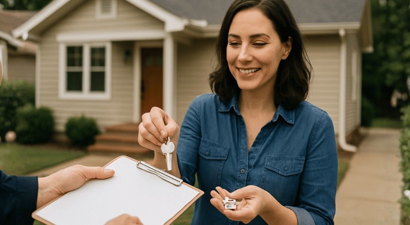 Uma pessoa recebendo um documento e a chave da casa em frente ao imóvel, com iluminação natural suave e expressão de satisfação, em um enquadramento realista e levemente lateral que destaca o momento da entrega