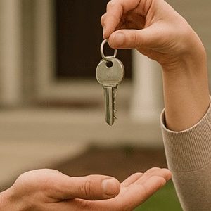 duas pessoas de frente, trocando chaves entre si, com uma casa ao fundo