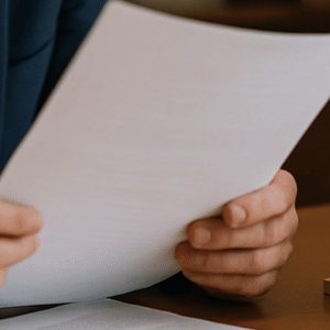 Funcionário analisa atentamente um documento em um ambiente de cartório, com expressão concentrada, enquanto sobre a mesa há uma maquete de um prédio, sugerindo a análise de questões imobiliárias ou administrativas em um contexto institucional