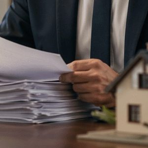 Advogado concentrado analisa uma pilha de documentos sobre a mesa, enquanto uma maquete de casa em destaque reforça o contexto jurídico imobiliário em um ambiente profissional com iluminação suave e natural.