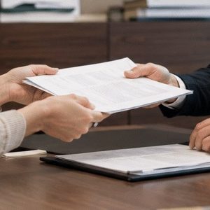 Pessoa entregando documentos em um cartório, com uma maquete de imóvel sobre a mesa, em uma cena realista que remete a processos de registro, regularização ou documentação imobiliária