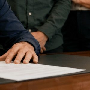 Homem assina um testamento em cartório enquanto familiares acompanham ao fundo, em uma cena séria, realista e institucional.