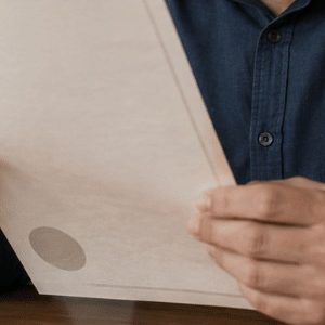 Homem preocupado analisando uma escritura pública em um escritório, com expressão tensa e ambiente institucional iluminado de forma suave