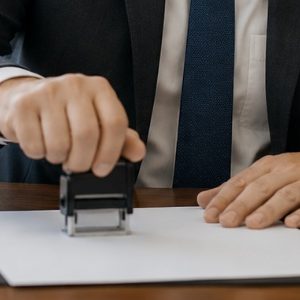 Funcionário de cartório carimbando um documento em sua mesa de trabalho, em um ambiente profissional e organizado, com iluminação natural e expressão concentrada